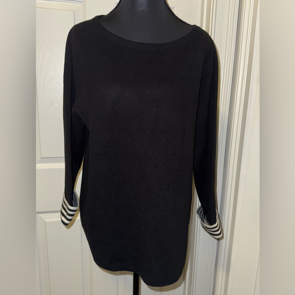 Tahari Black and White Crew Neck Sweater with Striped Cuffs